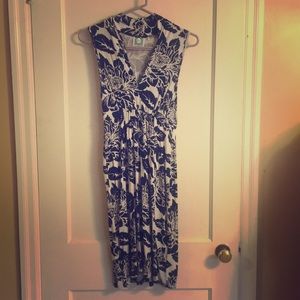 White dress with Navy blue flowers.